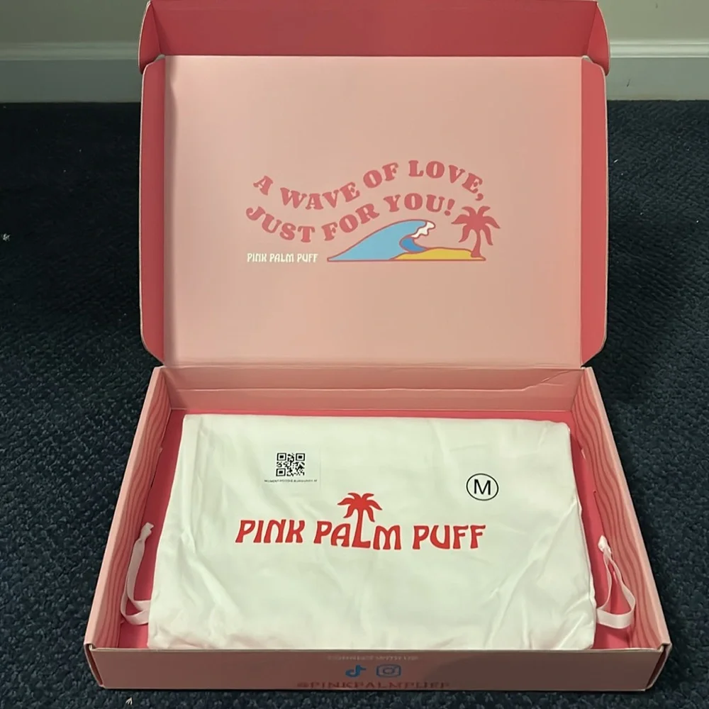 Pink Palm Puff BOX and BAG. DOES NOT INCLUDE SWEATSHIRT.